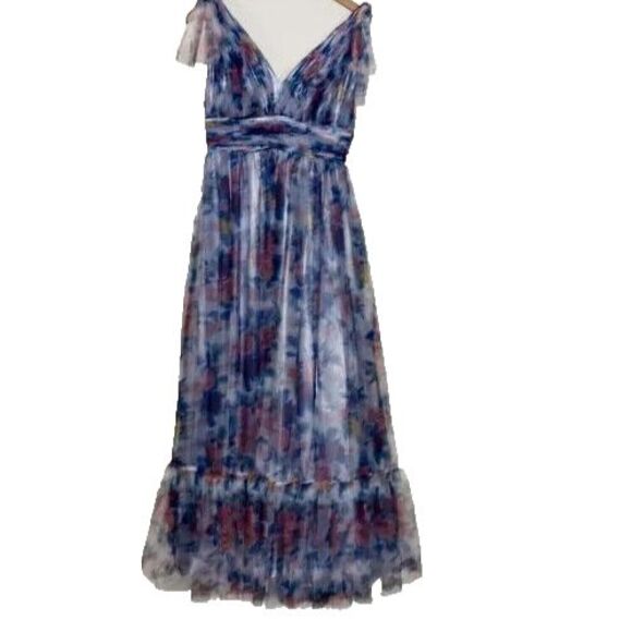 NWT Mac Duggal 113312 FLORAL PRINT RUCHED SOFT TIE SLEEVELESS GOWN BLUE MULTI - Picture 5 of 9